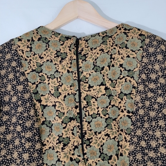 VTG CAROLE LITTLE Maxi Dress Sz 12 Black/Yellow Floral Long Sleeve Back Slit - Picture 7 of 12